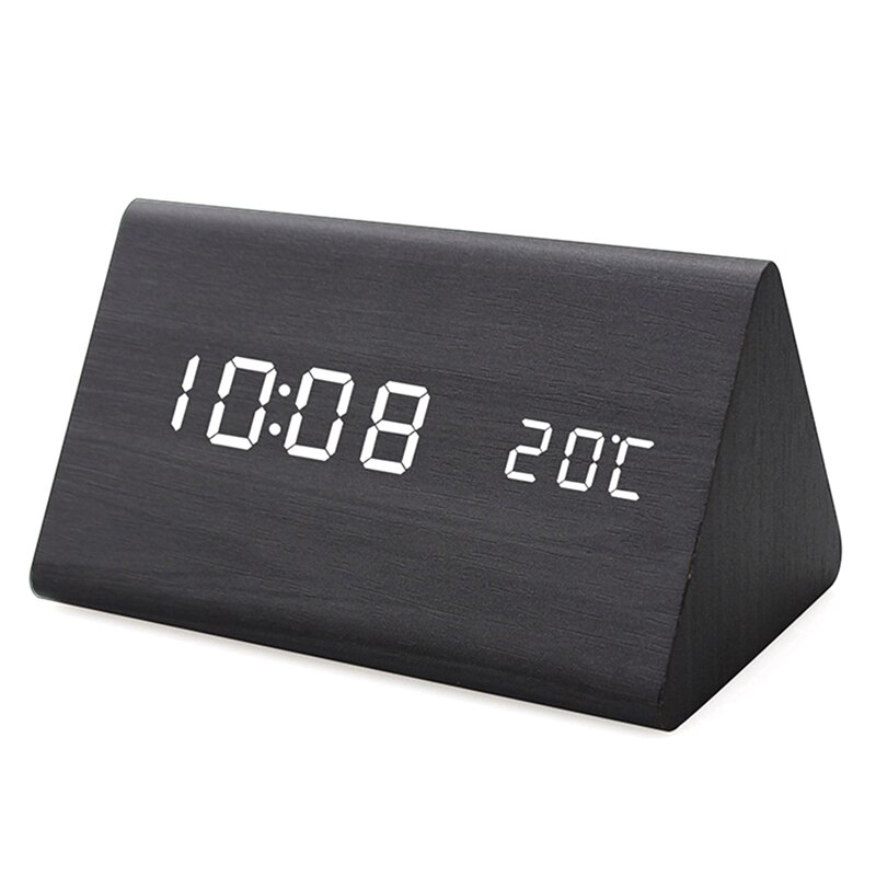 Digitale wekker met luchtvochtigheid en temperatuur, babykamerklok, stille, lichtgevende digitale houten wekker: Zwart
