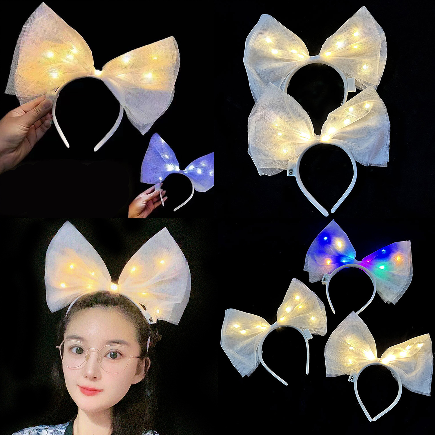 1pc led brilhante bandana grande arco bandana led brilhando no escuro luminoso organza arco faixa de cabelo para festa feminina
