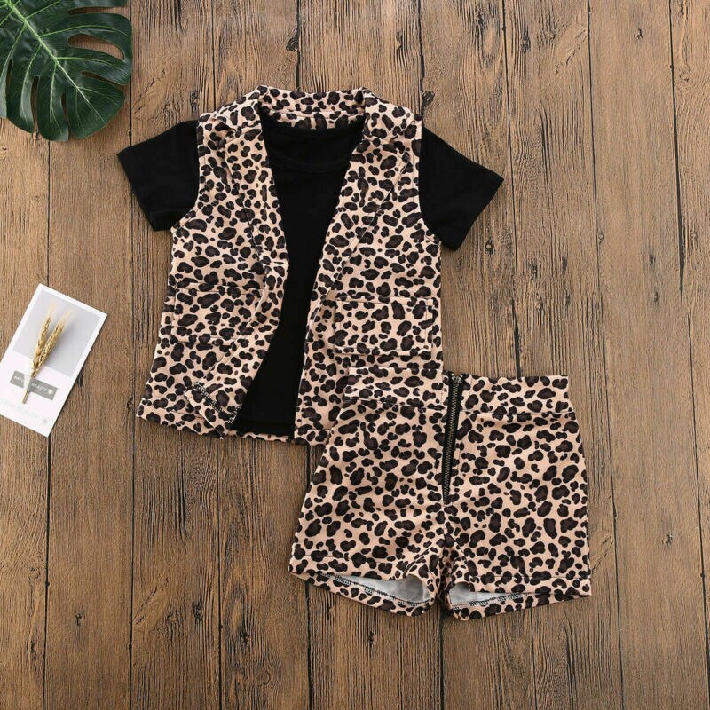 Barn baby flicka kläder leopard 3 st sommardräkter svarta toppar västar shorts barn flicka uppsättningar kläder 1-6y