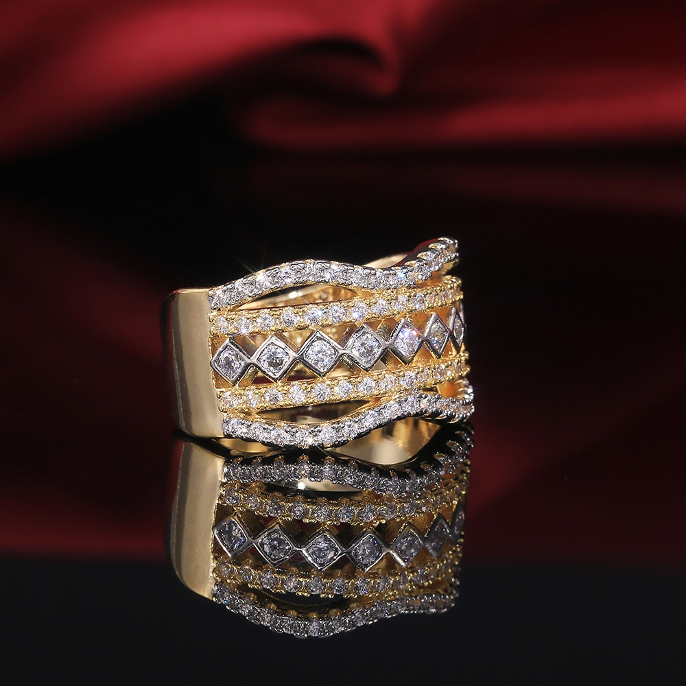 Huitan Gorgeous Geometric Hollow Shape Ethnic Wedding Women Ring 5 Row Full Bling Iced Out CZ Jewelry Noble Female