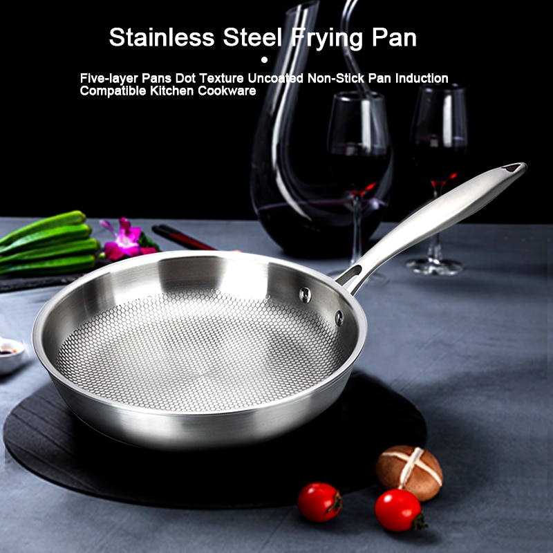 Stainless Steel Frying Pan Five-layer Pans Dot Texture Uncoated Pan Induction Compatible 28cm Kitchen Cookware