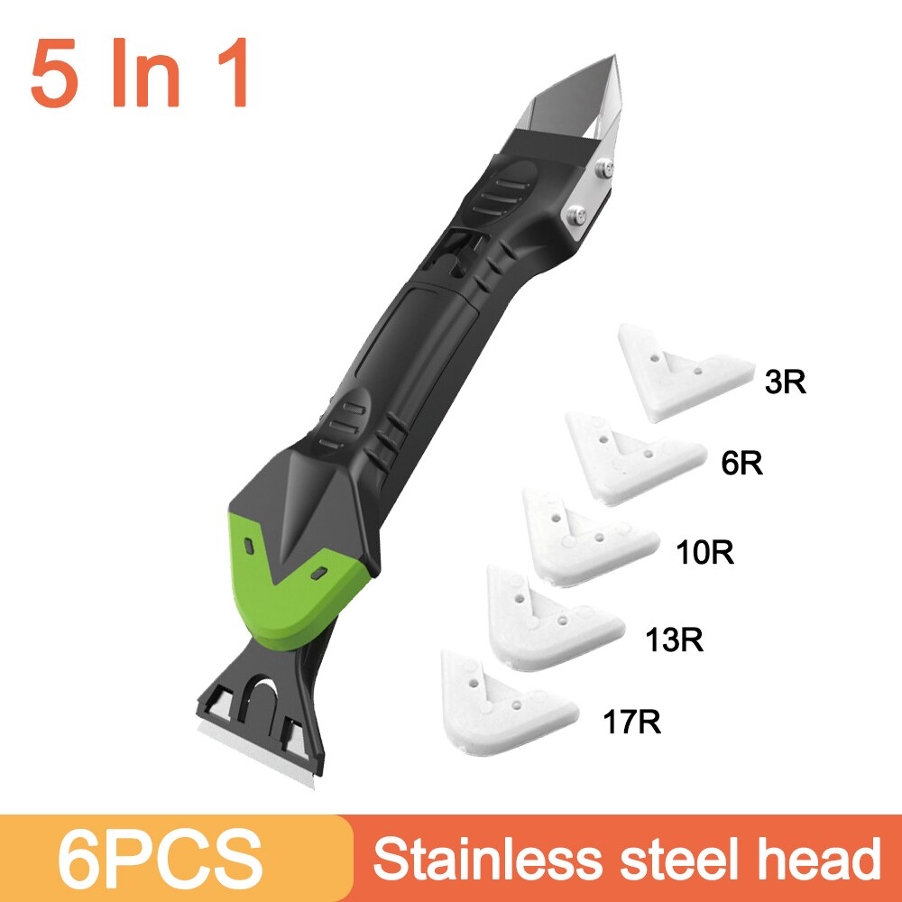 Removedor de silicona 3/5 en 1, Kit de lechada de raspador de plástico suave sellador, herramientas de calafateo, espátula en ángulo multifuncional: 5In1 Stainless steel