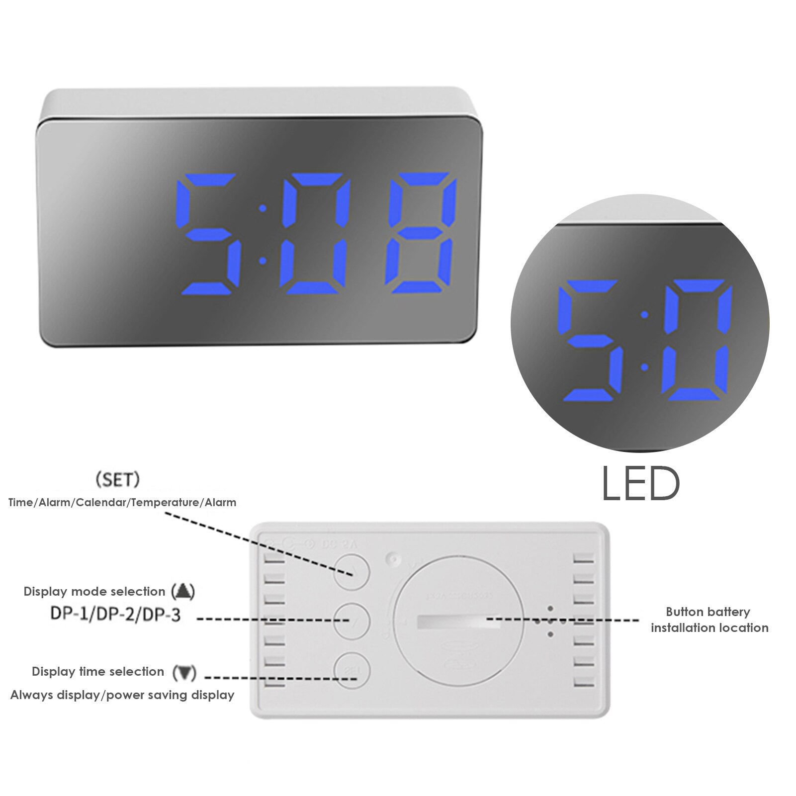 Clock Alarm LED Mirror Clock Electronic Digital Travel Clock Alarm Clock Mirror Car Clock USB Powered Electronic Desktop Clocks
