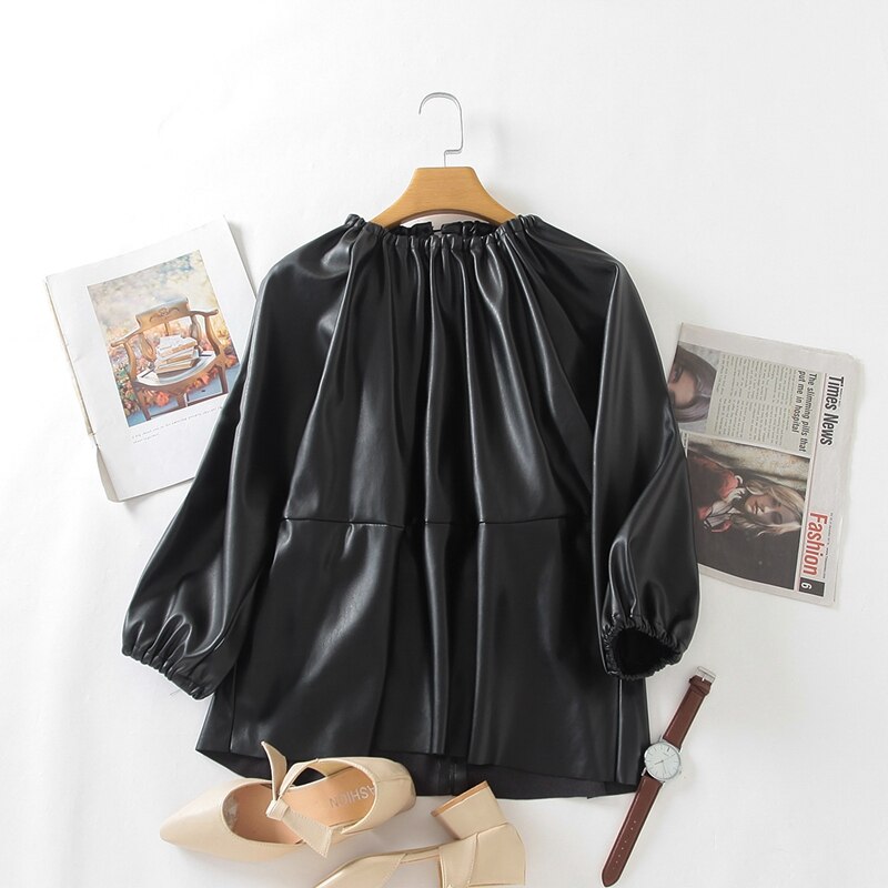 Tangada kvinder oversized patchwork pu læder skjorte tilbage knap chik kvindelig afslappet løse toppe blusas 3 w 206: M