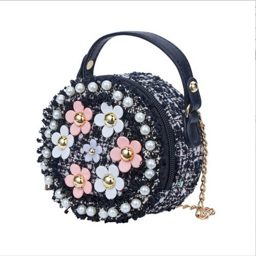 Cute Kid Girl Princess Handbag Sling Shoulder Bag PU Round Messenger Crossbody Purses Beading Stylish Zipper Wallets