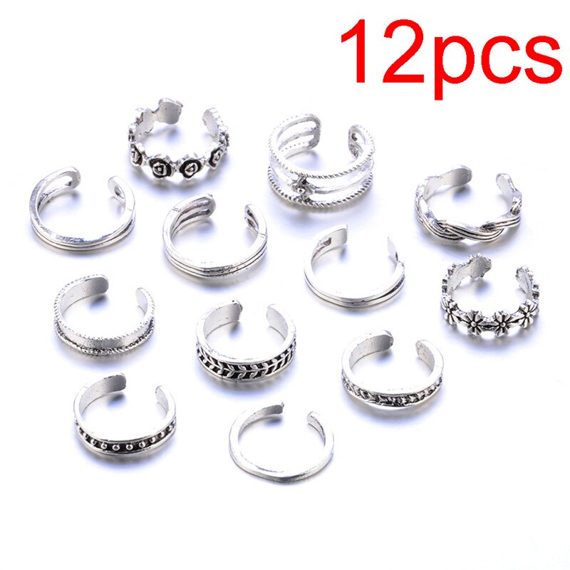 12 Stuks Ringen Dame Unieke Verstelbare Opening Vinger Ring Retro Gesneden Teen Ring Voet Strand Voet Sieraden