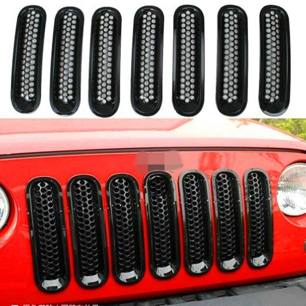 7 unids/set Red de círculo rejilla frontal Inserto de malla de luz círculo para Jeep Wrangler Rubicon JK 07-16 negro