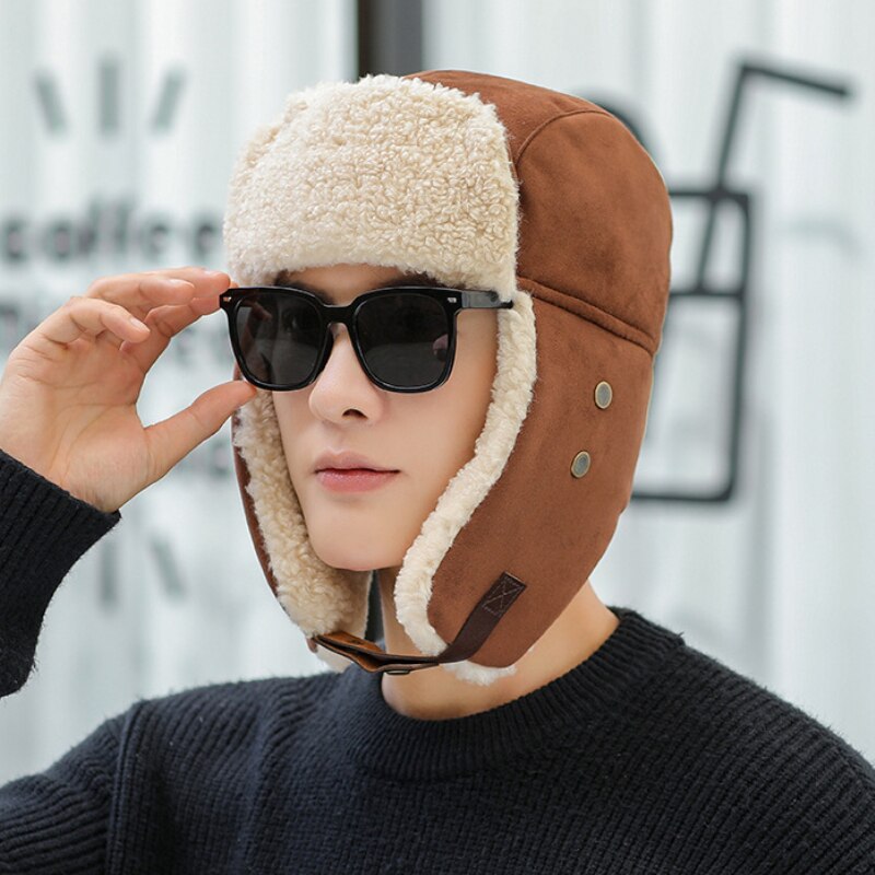 HT3998 Winter Hat Men Women Thick Warm Earflap Hat Male Windproof Ski Russian Cap Female Russian Hat Trapper Cap Bomber Hat: Coffee