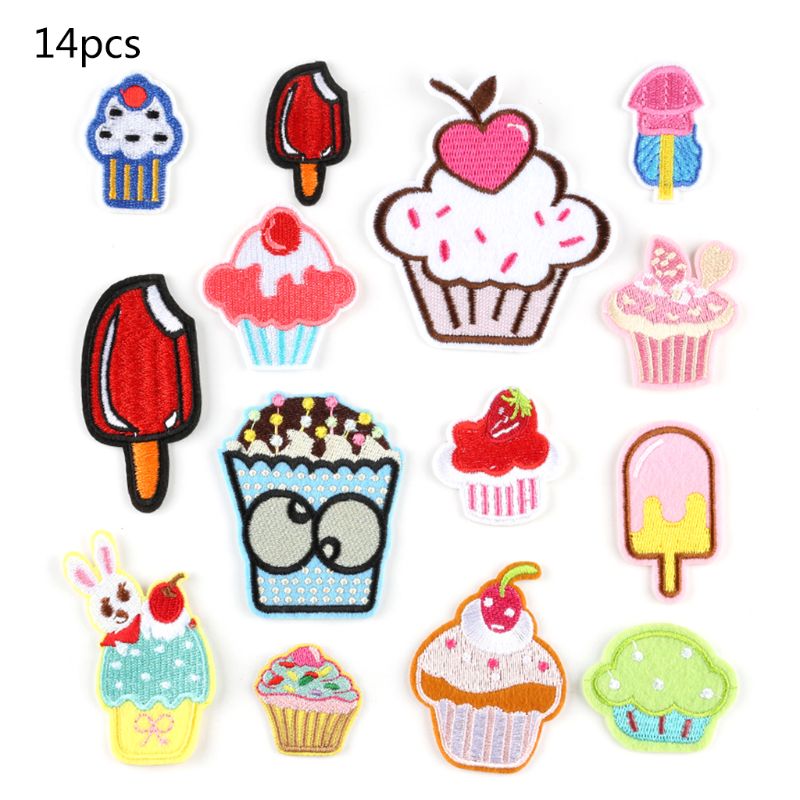 14 st tecknade cupcake desserter tyg lappar järn på barn broderad dekorativ sömnad applikation för klädväska diy