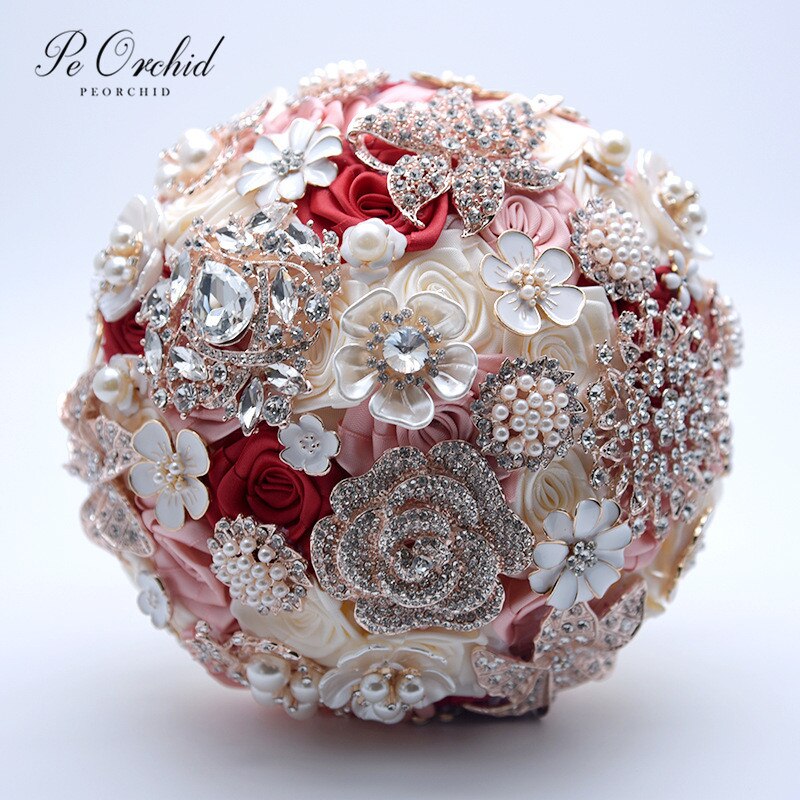 PEORCHID Luxury Bridal Bouquets With Brooches Satin Rose Bride Flower Wedding Bouquet Blumen Hochzeit Rhinestone Bouquet