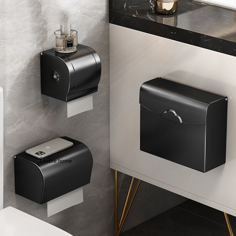 Toilet Paper Holders Wall Mounted Toilet Paper Box Non Perforated Black Paper Roll Paper Towel Rack Toilet Waterproof Household