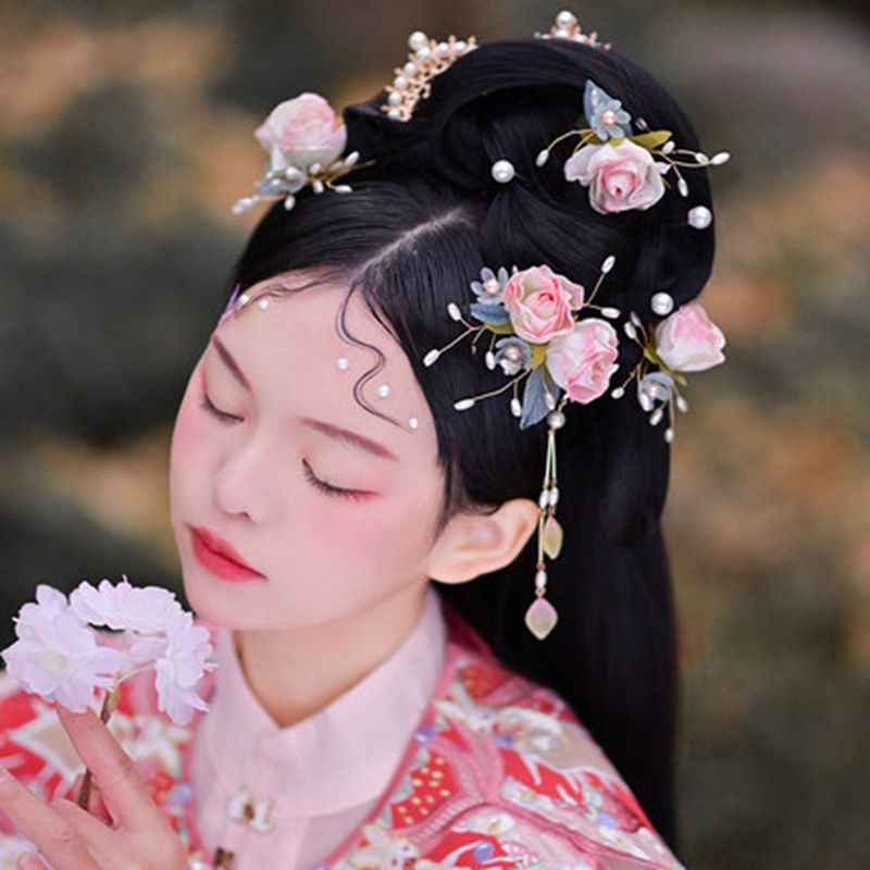 Vintage Chinese Bloem Haaraccessoires Voor Vrouwen Hanfu Roze Haarspeld