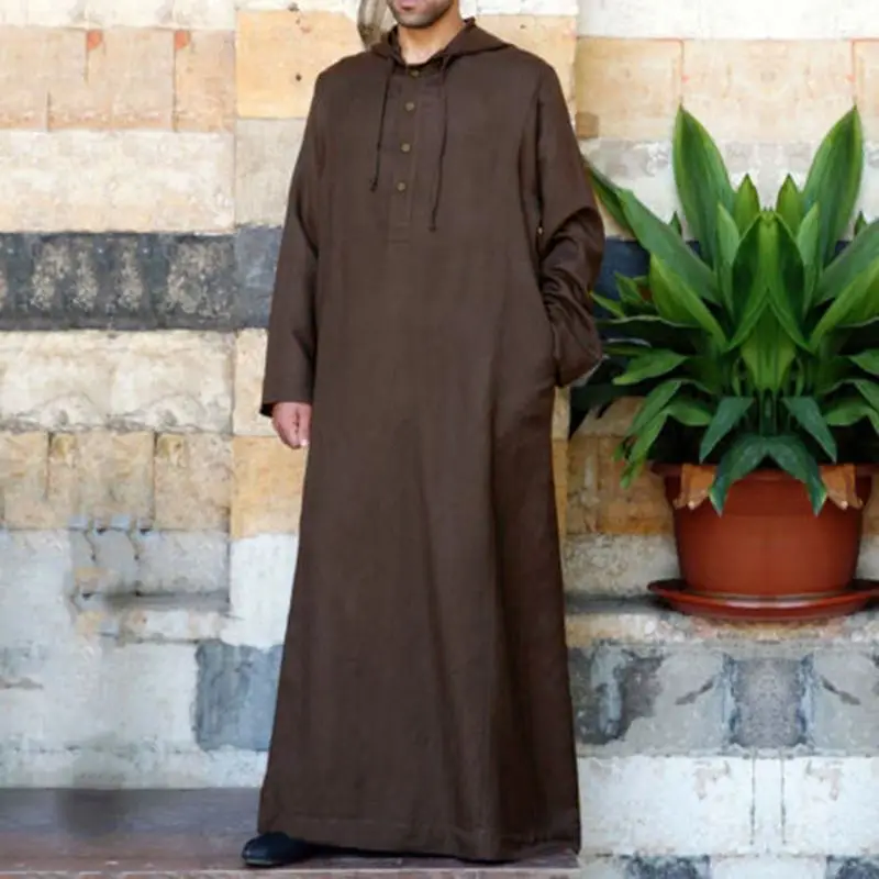 Muslim Man Hooded Long Abaya Leisure Cotton Kaftan Jubba Men Adults Jubba Thobe Islamic Tunic Saudi Arabic Dress Kamis Homme: L / Brown
