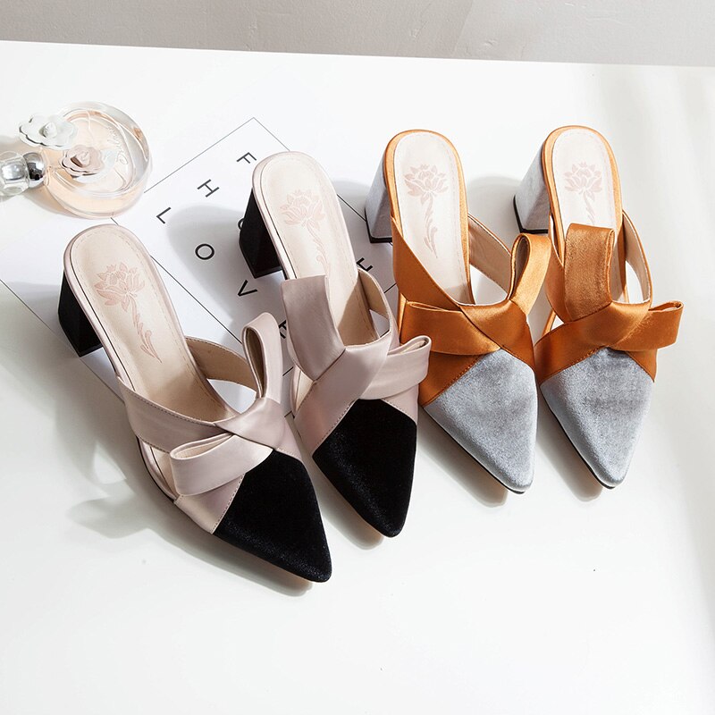Bowknot kvinnor tofflor spetsiga tå höga klackar tofflor dam kvinnor skor zapatos mujer  n960