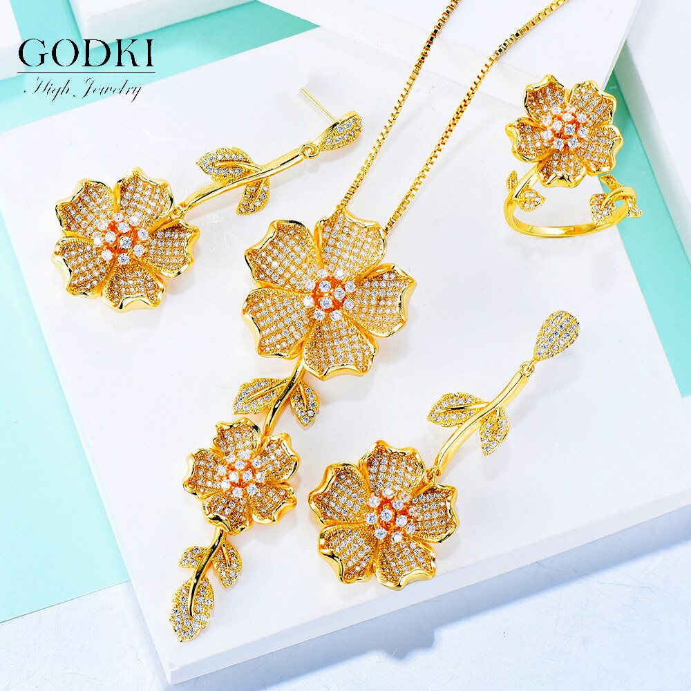 GODKI lujo Lariat collar pendientes establece zirconia cúbica cristal CZ conjunto de joyería para mujer boda Dubai indio conjunto de joyería nupcial: Gold