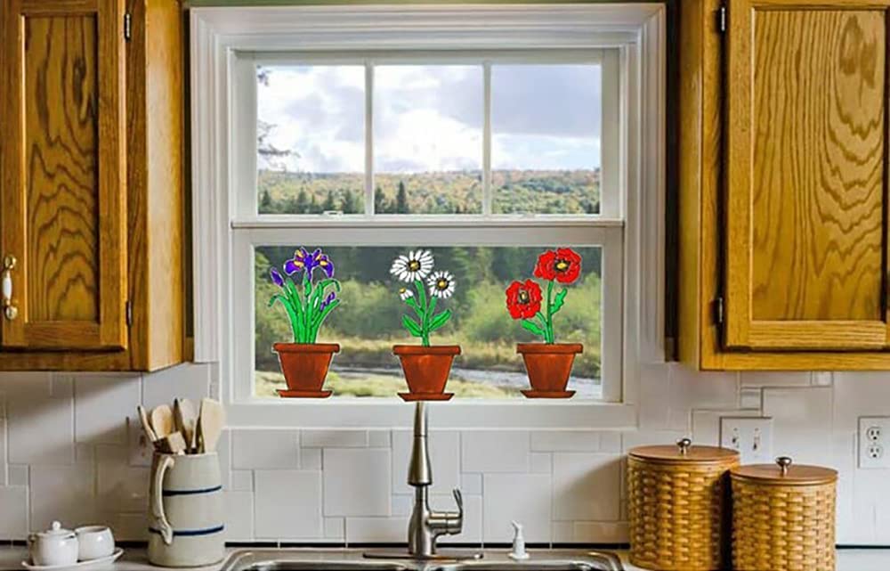 Lilies Tulips Daffodils Flower Pot Window Clings Spring Decorations Adhesive Window Stickers Glass Door Sticker Decal Home Decor
