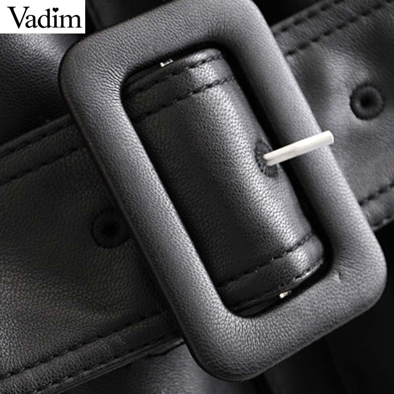Vadim mujer chaquetas de cuero PU negro pajarita bolsillos sashes manga larga abrigos divididos prendas de vestir femeninas chic casual tapas CA585