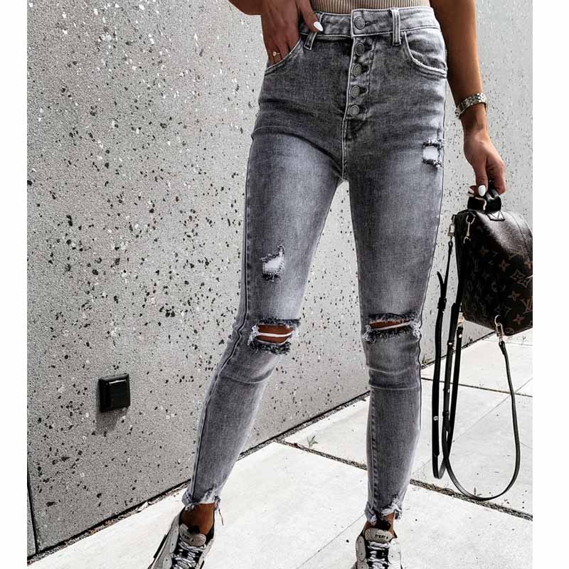 Mellemtalje skinny efterår ripped jeans kvinde vintage nødstedte denim bukser huller blyant bukser femme casual jean bukser