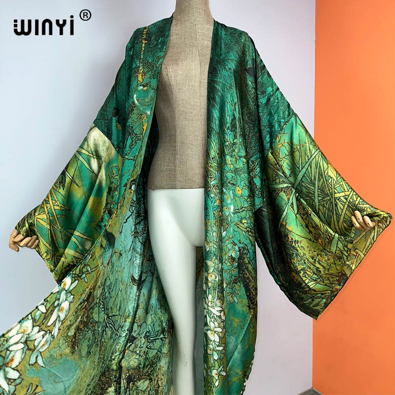 Winyi boho-kimono-kleid mit print, lang, sommerkleidung für damen, strandbekleidung, badeanzug, überwurf, kaftan