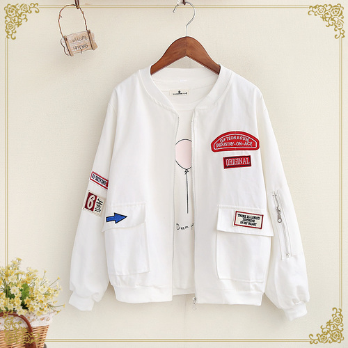 Lente herfst jas dames koreaanse harajuku bf losse baseball jas roze zoete studenten tops: Wit
