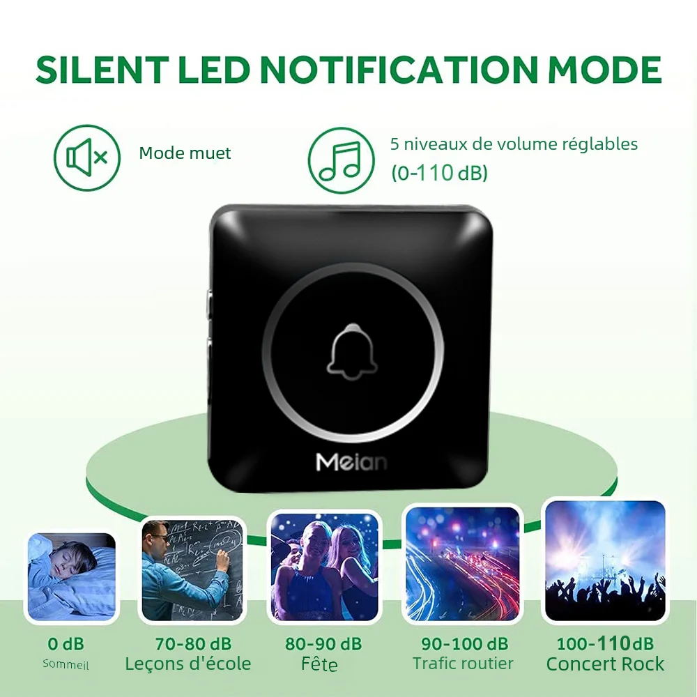 Meian-sonnette sans fil extérieure, sonnette de bienvenue pour maison intelligente, sonnette de porte étanche IP65, Kit de carillon, sonnerie 60, alarme Flash LED