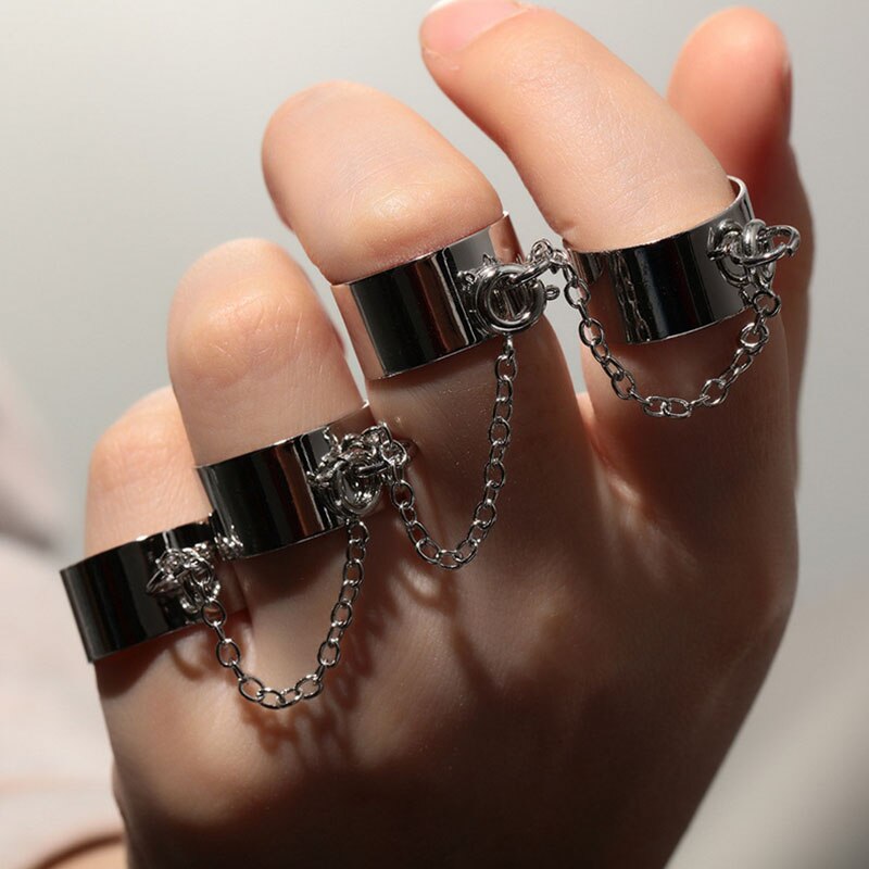 Persoonlijkheid Punk Cool Link Chain Verstelbare Vier Opening Ringen Voor Vrouwen Mannen Cross Hanger Draaien Vinger Ring Hip Hop Sieraden