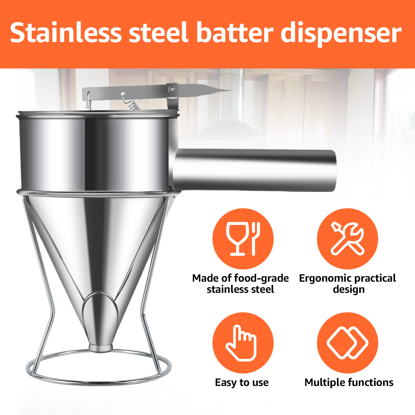 Batter Dispenser Stainless Steel Funnel Dispenser with Lid and Holder Cupcake Pancake Batter Maker Kitchen Batter Baking Tool