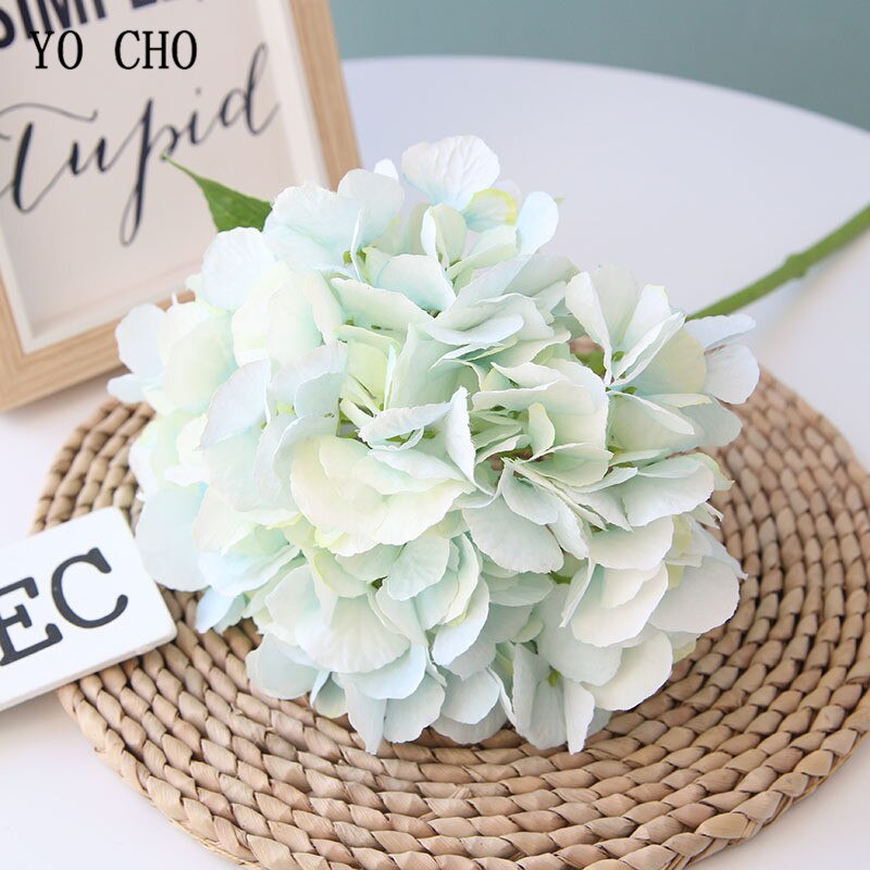 YO CHO-Flor de hortensia Artificial, rama única, Hortensia de seda, ramo de novia, decoración de en casa, planificador de flores de boda: light-blue