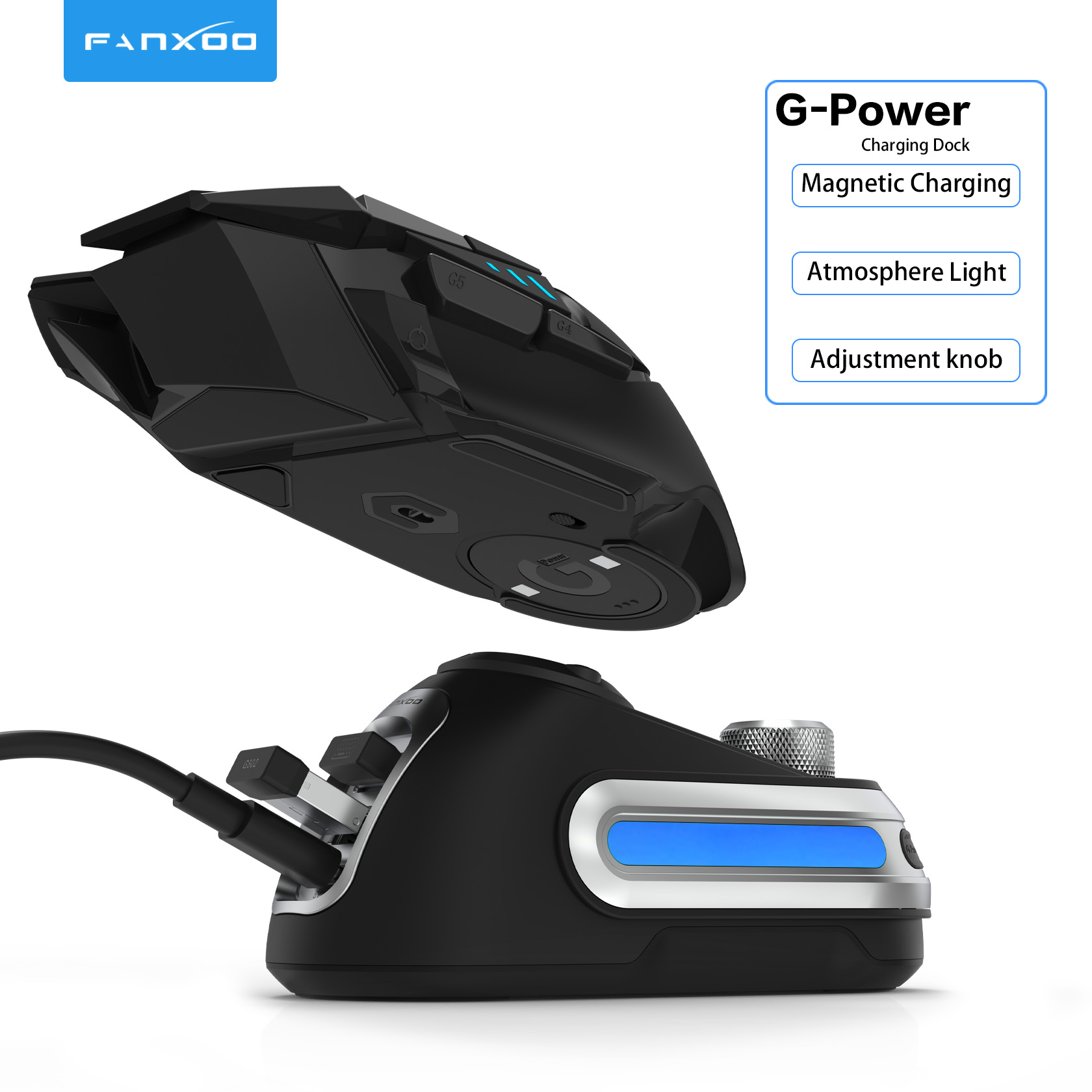 Fanxoo G-Power Mouse Wireless Charging Dock for Logitech G502 G502X Plus GPW G903 with RGB light computer volume control knob