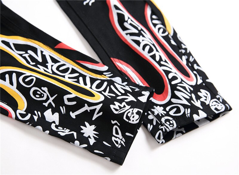 Di modo degli uomini di 3D lettere modello sottile in forma discoteca etero stampato nero jeans Alla Moda colorato disegno pantaloni in denim