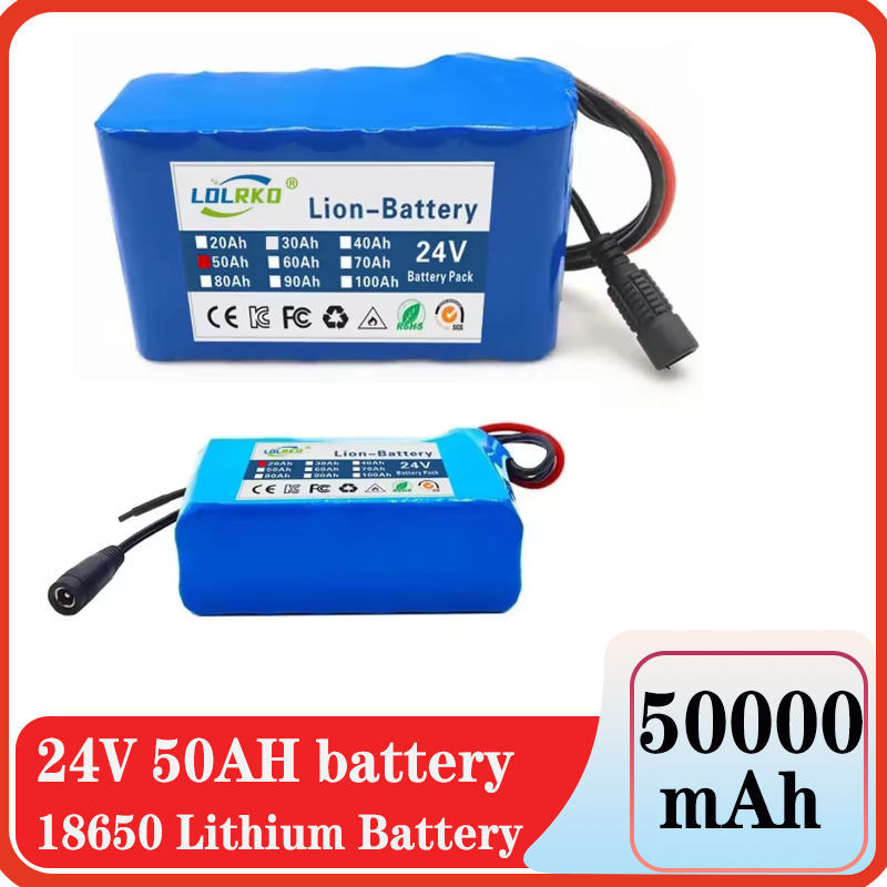 24V 50Ah 18650 Lithium Battery Pack - 6S2P 50000mAh Rechargeable Li-ion Battery with Fast Charger, Safe & Durable