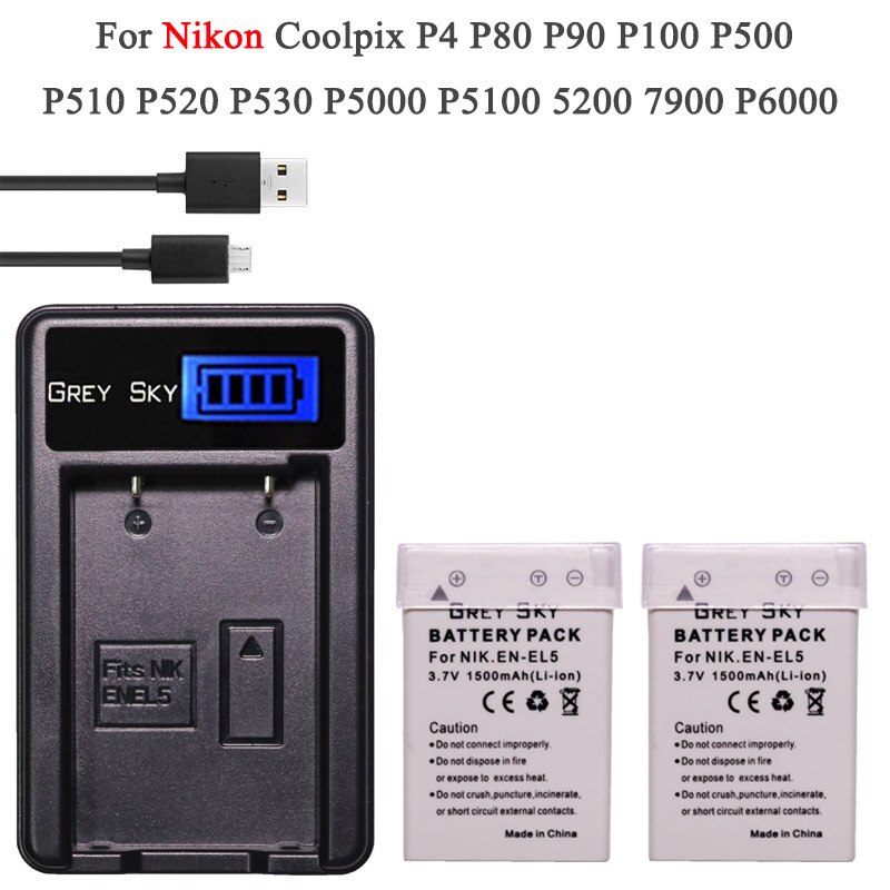 3.7v 1500 mah en -el5 en el5 enel 5 batteri + lcd usb-oplader til nikon coolpix  p530 p520 p510 p100 p500 p5100 p5000 p6000: Pakke 2