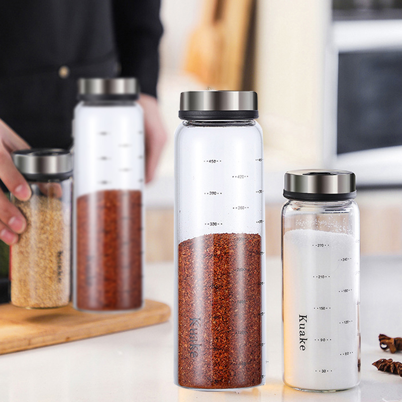 High borosilicate kitchen glass seasoning jar sauce vinegar salt condiment airtight bottle pepper spice shaker with rotating lid