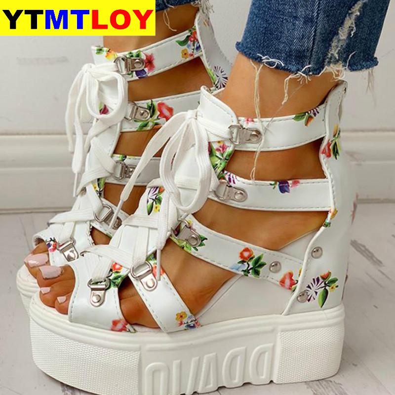 Zomerschoenen dames sandalen plateau veters hoge hakken casual schoenen dames ins print vrijetijdsschoenen wedges damesschoenen