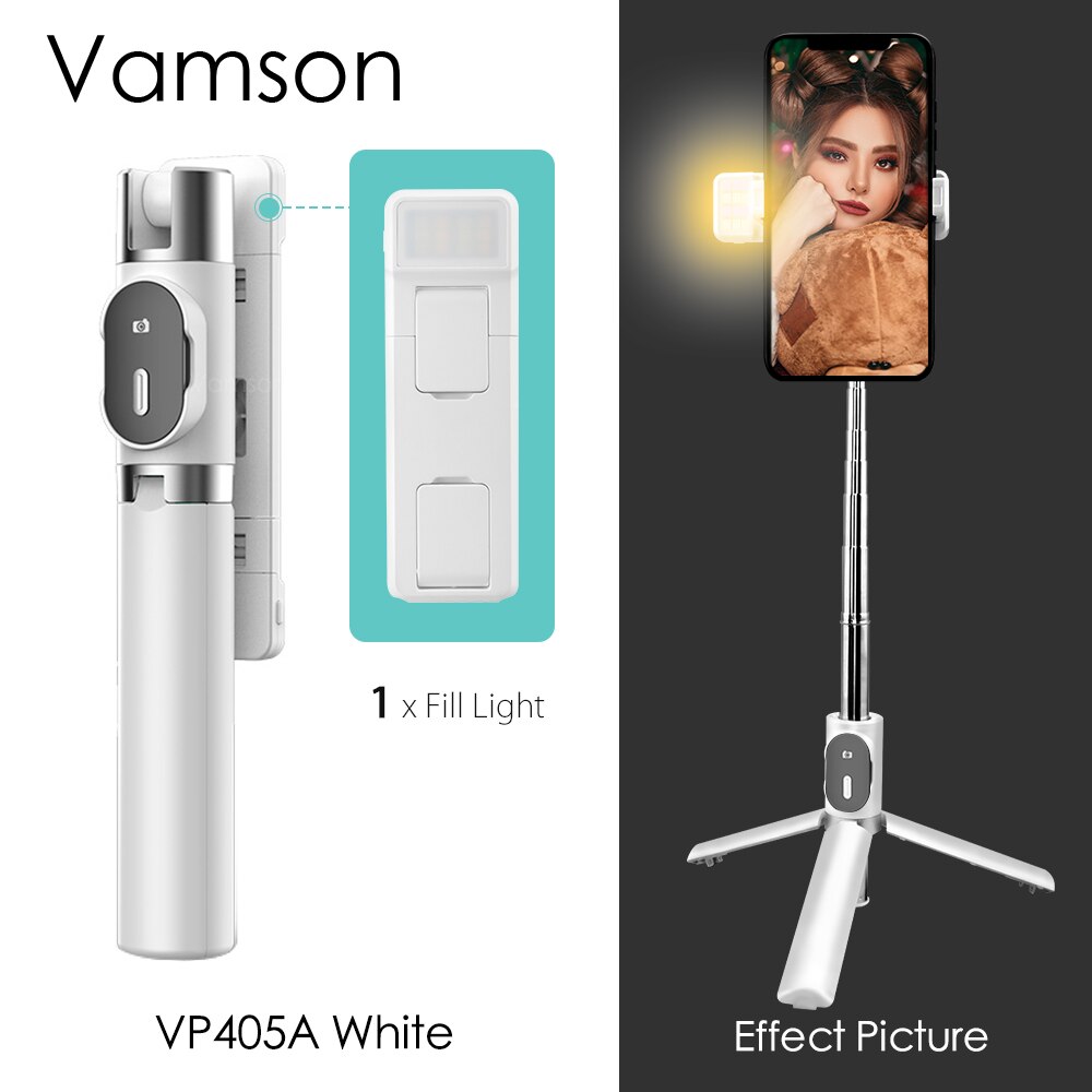 Vamson para iphone ios android tripé selfie vara com controle remoto sem fio bluetooth e 3 cores 9 modos duplo luz de preenchimento vp405: VP405A White