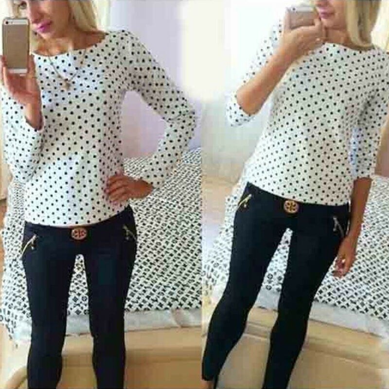 Women Spring Summer Tops Long Sleeve Polka Dot Chiffon Blouse Casual Shirts