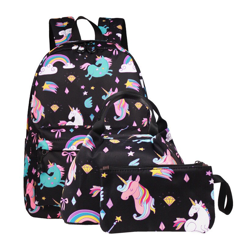 3 teile/satz freundlicher Schule Taschen für Mädchen Rucksack Einhorn Rucksack Druck freundlicher Schule Rucksack Schulter Taschen Hohe Kapazität: Schwarz