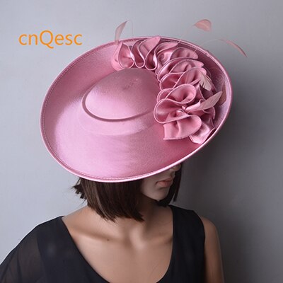 Stor matt satin fascinator sinamay hattar formell klänning hatt för bröllop damhatt lopp .qf118: Rodna rosa
