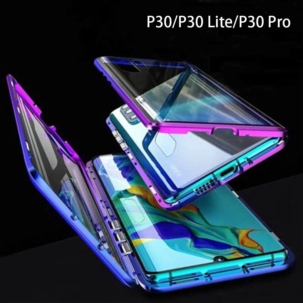 Magnetic Absorption Metal Flip Case for Huawei P30 P30Lite P30Pro Cover Double Sided Tempered Glass for Huawei P30 Pro Case