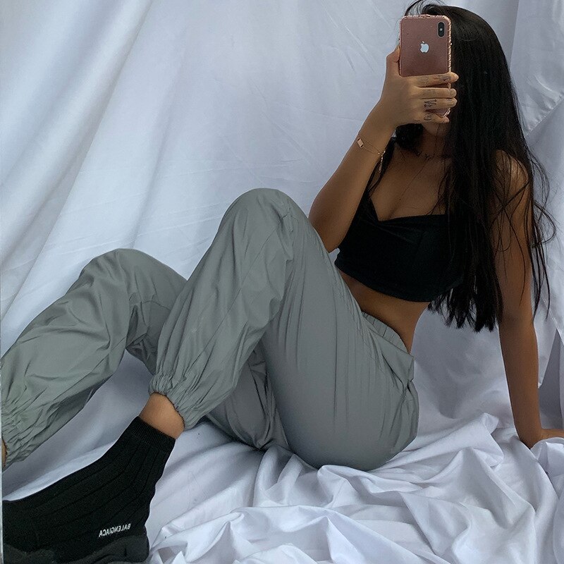 Reflektierende Jogger frauen jogginghose grau reflektierende hosen damen Punk Neon- hosen frauen hosen koreanischen Winter