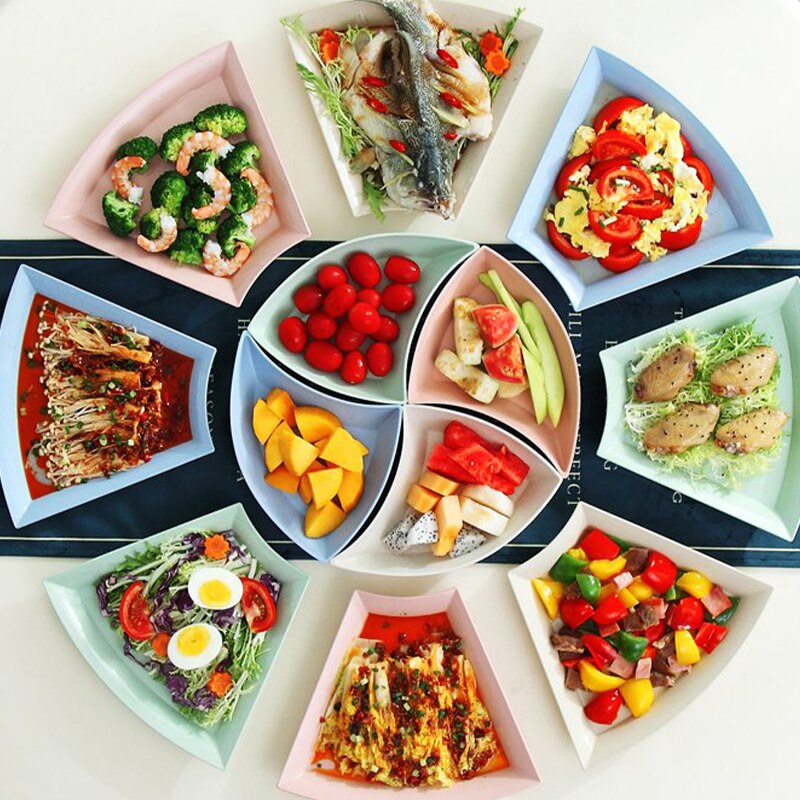KATA-Juego de platos de paja de trigo para el hogar, vajilla creativa con bandeja para ensalada de frutas, juego de cubiertos, mesa en forma de abanico