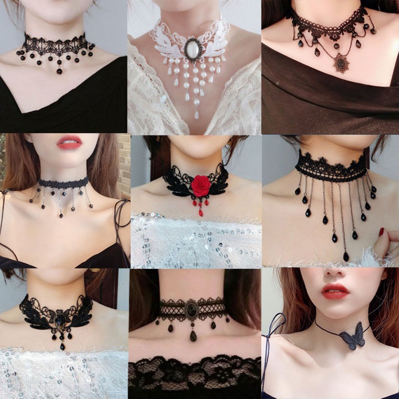 Gothic Punk Lace Choker Necklace For Women Teens Girls Rivet Heart Collar Necklace Rock Jewelry Party Necklace