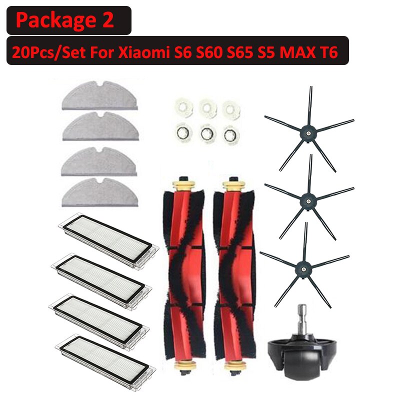 6 ~ 25 stk avtakbar rullesidebørstefiltersett til xiaomi roborock  s6 s60 s65 s5 max  t6 støvsuger feie tilbehør: Pakke 2