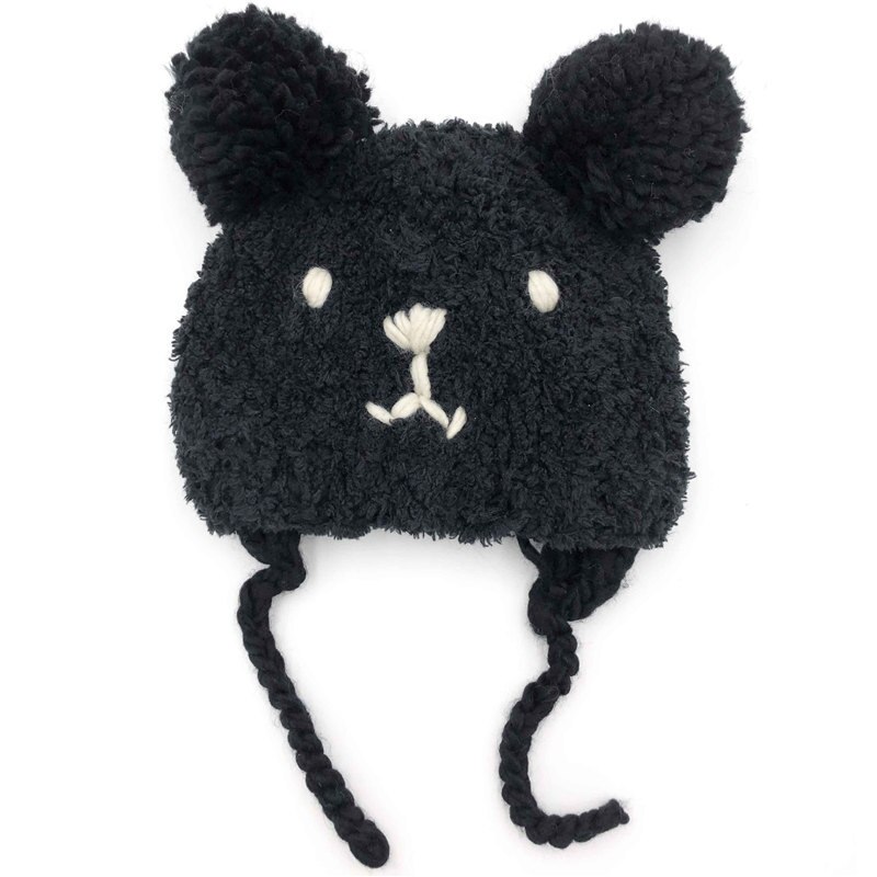 Lovely Bear Baby Hat Winter Warm Ear Protection Cartoon Children Hat Double Pompom Kids Girl Boy Beanie Cap: 6M-3Y black