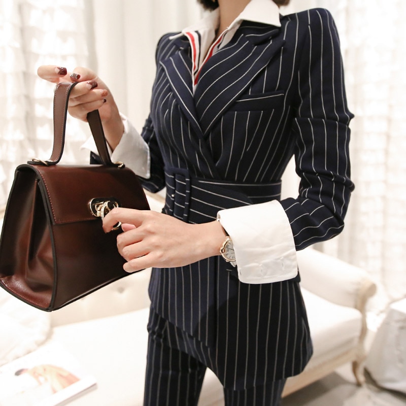 Spring Work Pant Suits 2 Piece Set for Women Double Breasted Striped Blazer Jacket & Trouser Office Lady Suit Feminino