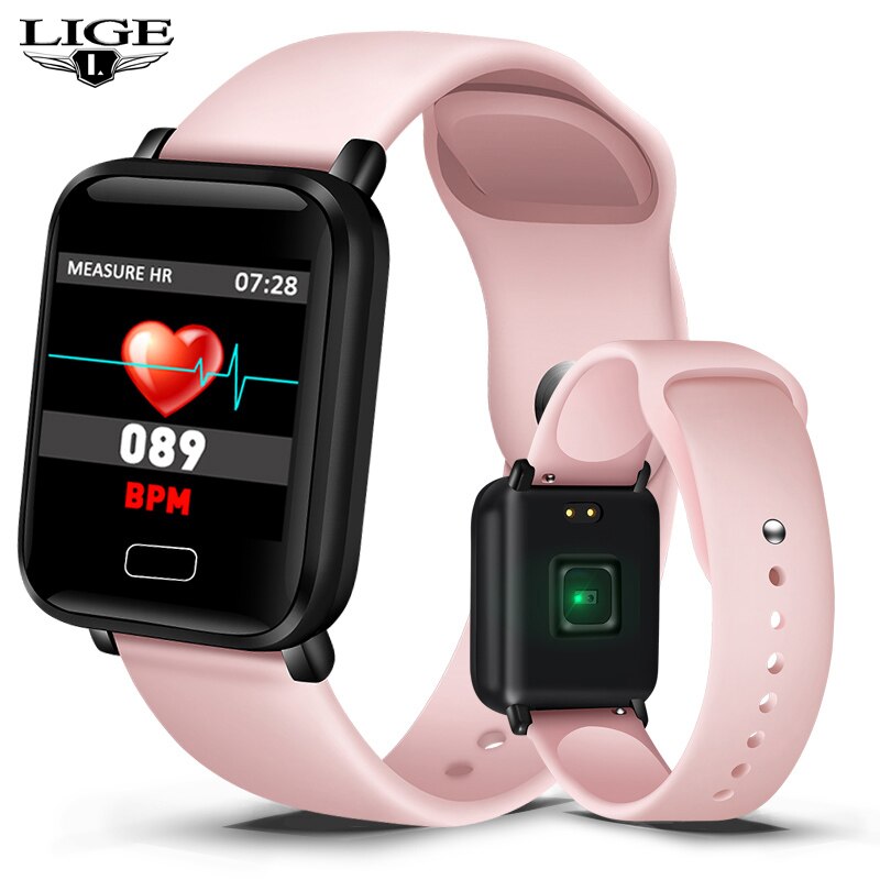 Lige smart klocka dam sport stegräknare smart armband pulsmätare fitness tracker led färgskärm damklocka+låda: Rosa