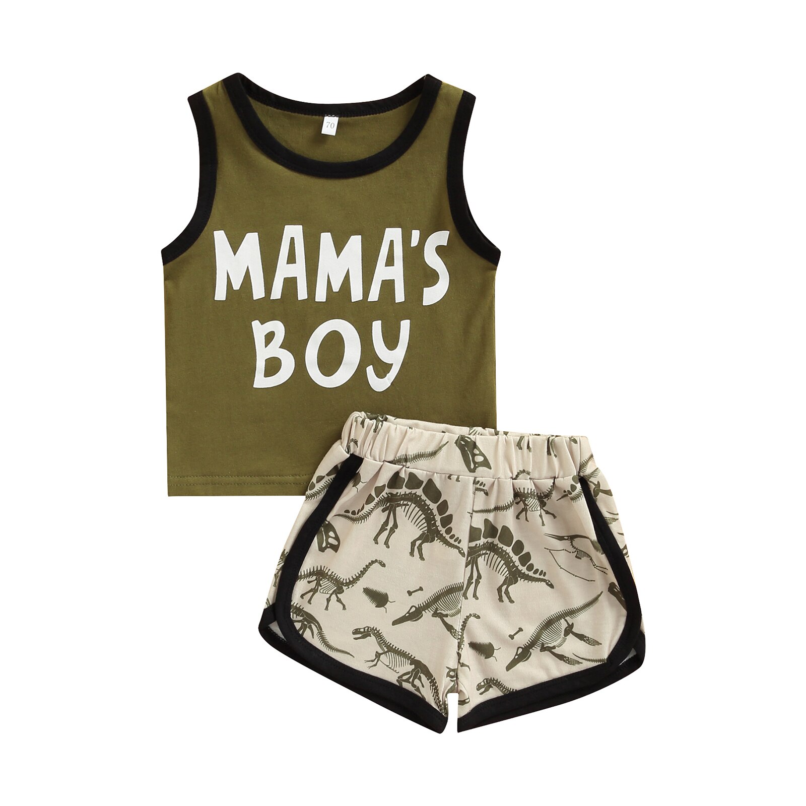 Tenue d&#39;été 2 pièces pour bébé garçon, haut gilet sans manches + short imprimé dessin animé dinosaure, couleurs assorties, col rond, lettres