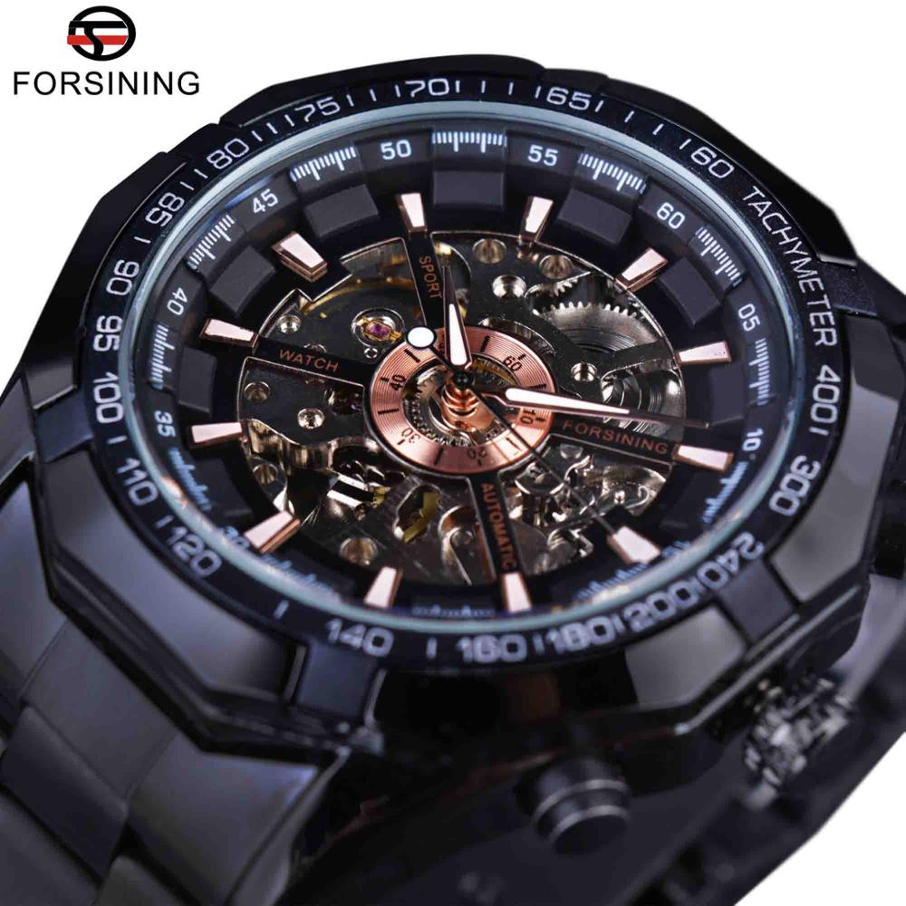 Forsining Sport Racing Skelet Rvs Black Golden Dial Top Luxe Horloges Mannen Horloge Automatische Horloge: Black