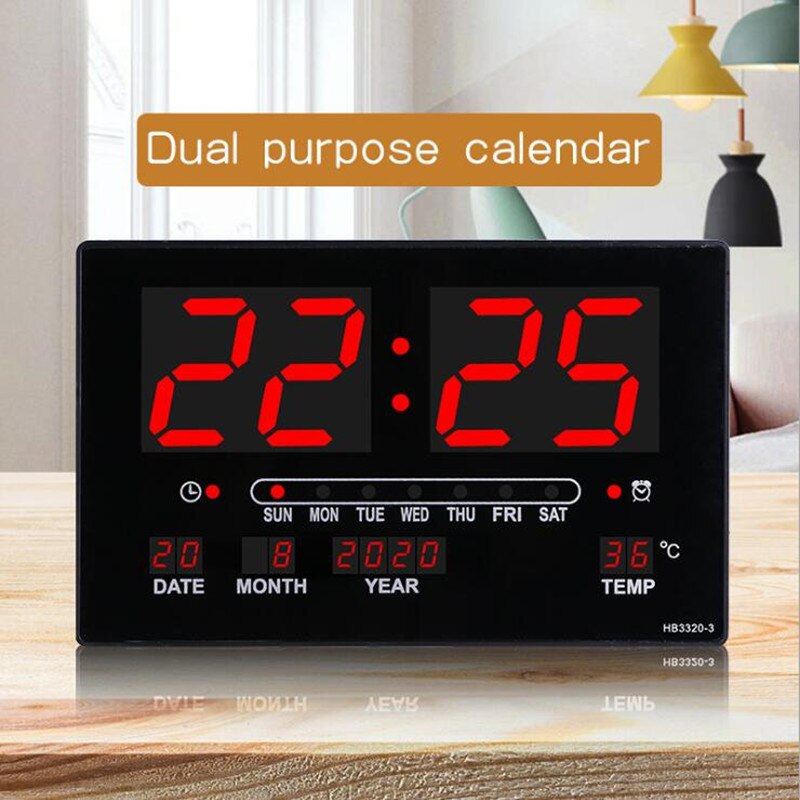 32x20x3CM Large Digital Wall Clock Alarm Hourly Chime Function Table Clock Calendar Temperature Electronic LED Clocks with Plug