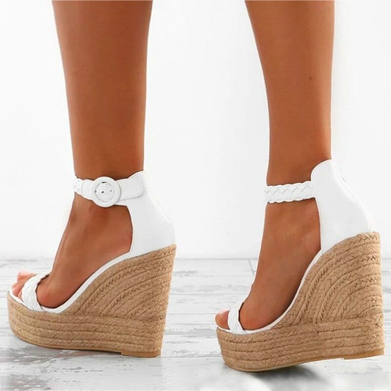 Vrouw Zomer Sexy Wedge Sandalen Platform Dames Hoge Hakken Schoenen Vrouwen Mode Stro Gesp Open Teen Casual Vrouwelijke Schoenen